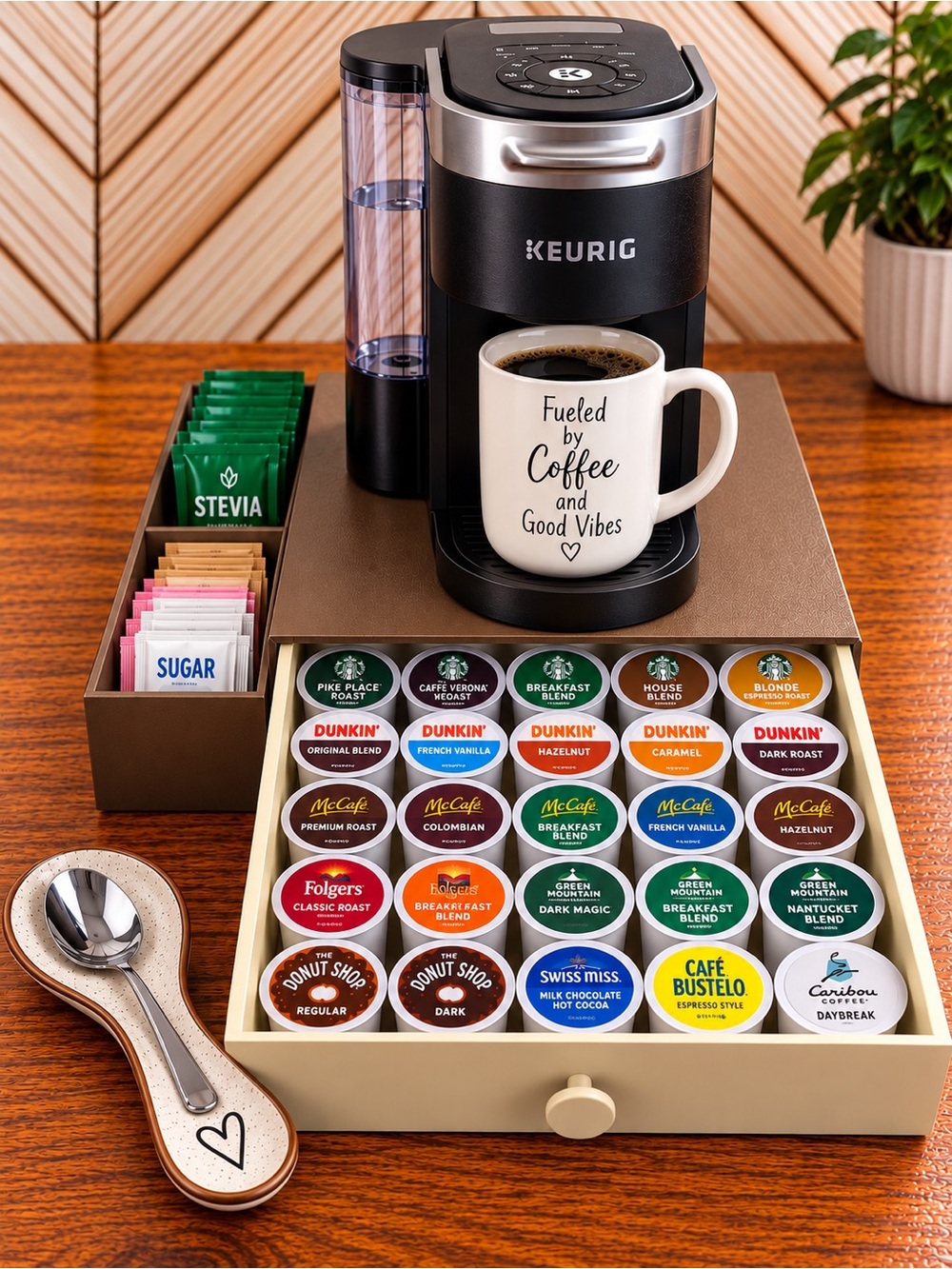 3D Handcrafted Designed Coffee Station Organizer K-Cup Storage Side Compartments
